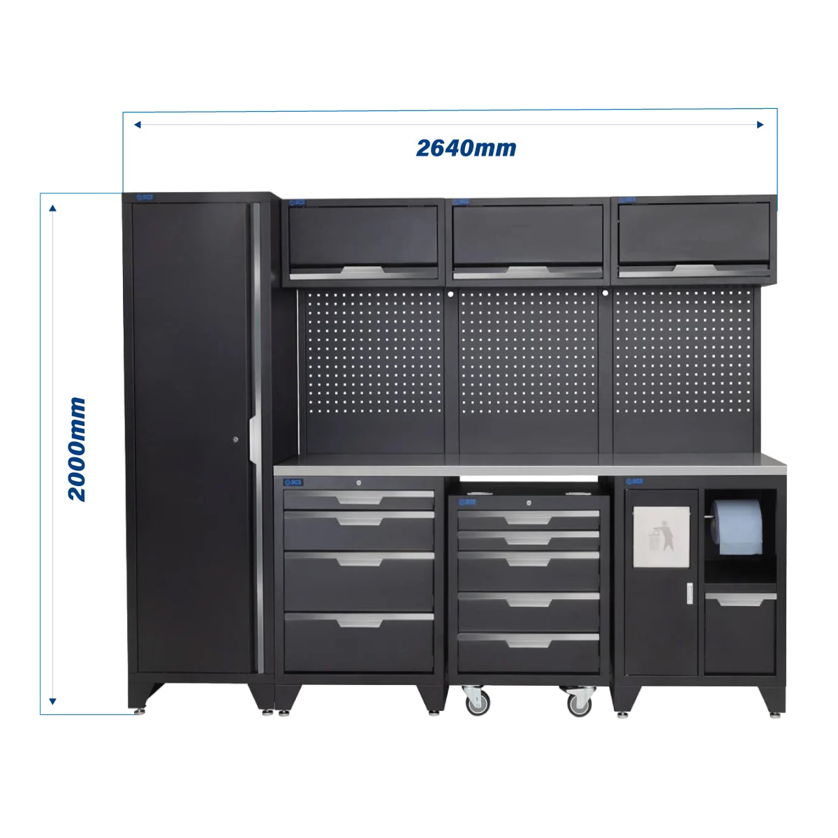 SGS 10pc Modular Garage Storage | 9 Drawers | Stainless Steel Worktop | Tall Single Cabinet | Bin Unit | Mobile Cabinet | 3x Upper Cabinets